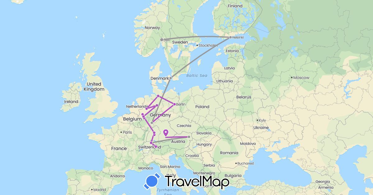 TravelMap itinerary: driving, plane, train in Austria, Switzerland, Germany, Denmark, Finland, Norway (Europe)
